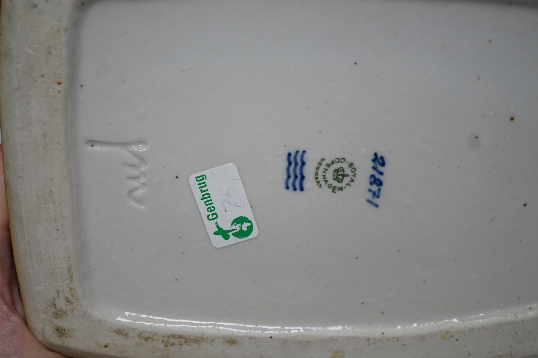 Danish ceramics, including a Royal Copenhagen rectangular shallow dish, a Royal Copenhagen vase, a pedestal vase, and a Dissing, Denmark jug, tallest 19cm